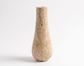 Travertine Bud Vase, Tall Teardrop Stone, Organic Modern Decor, Minimalist Dried Flower Shelf Gift