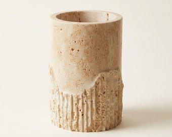Fluted Travertine Candle Holder, Handmade Natural Stone Pillar Decor