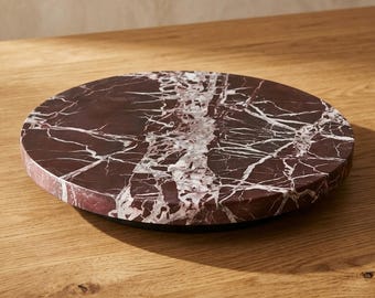 Elazig Cherry Marble Lazy Susan, Handmade 28cm Rotating Serving Tray, Burgundy Natural Stone Turntable Centerpiece