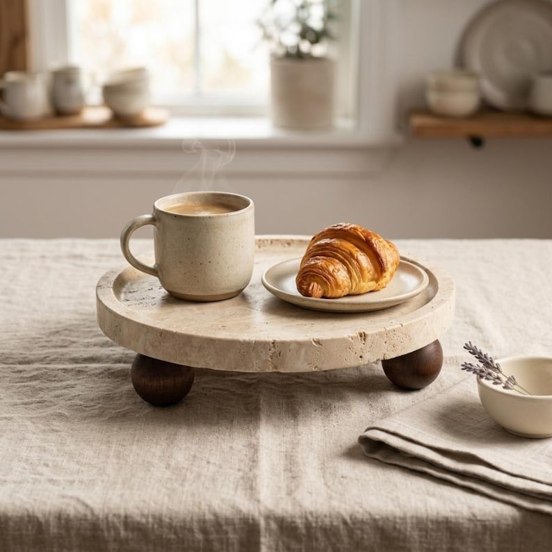 May include: A round, beige, porous stone riser with three dark brown spherical wooden feet. On the riser sits a speckled beige ceramic mug filled with a hot beverage and a small plate holding a golden-brown, flaky croissant pastry.
