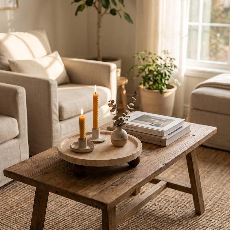 May include: A round wooden tray with three dark brown ball feet holds two yellow beeswax candles in light-colored ceramic holders and a small two-toned ceramic vase containing a dried eucalyptus sprig, all resting on a rustic wooden coffee table.