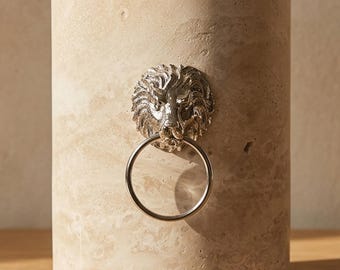 Travertine Vase with Silver Lion Head Ring, Handmade Natural Stone Cylinder, Organic Modern Mediterranean Decor