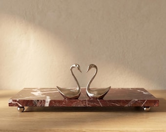 Handmade Elazig Cherry Stone Vanity Tray, Solid Metal Swan Accents, Modern Bathroom Decor