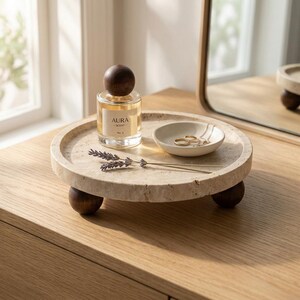 May include: A circular beige travertine stone tray with three dark brown wooden ball feet. On the tray sits a clear glass perfume bottle with a dark wooden spherical cap labeled AURA SCENT, a small white ceramic bowl, two gold rings, and a lavender sprig.