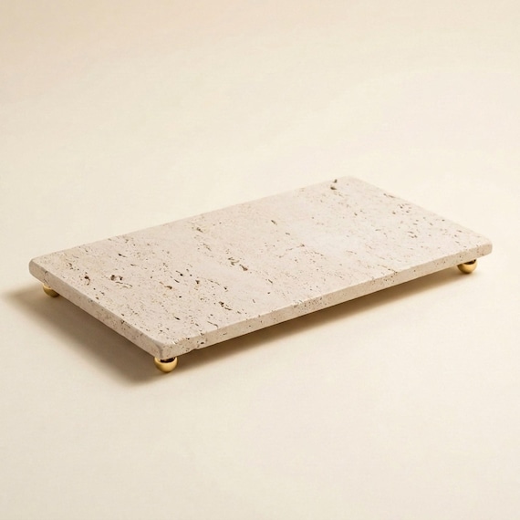 Handmade Footed Travertine Tray, Natural Stone Vanity Organizer, Organic Modern Decor