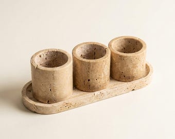 Travertine Bathroom Set, Natural Stone Vanity Tray with Cups, Organic Modern Decor