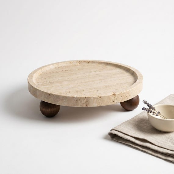 Travertine Riser Tray, Round Organic Modern Decor, Wooden Ball Feet