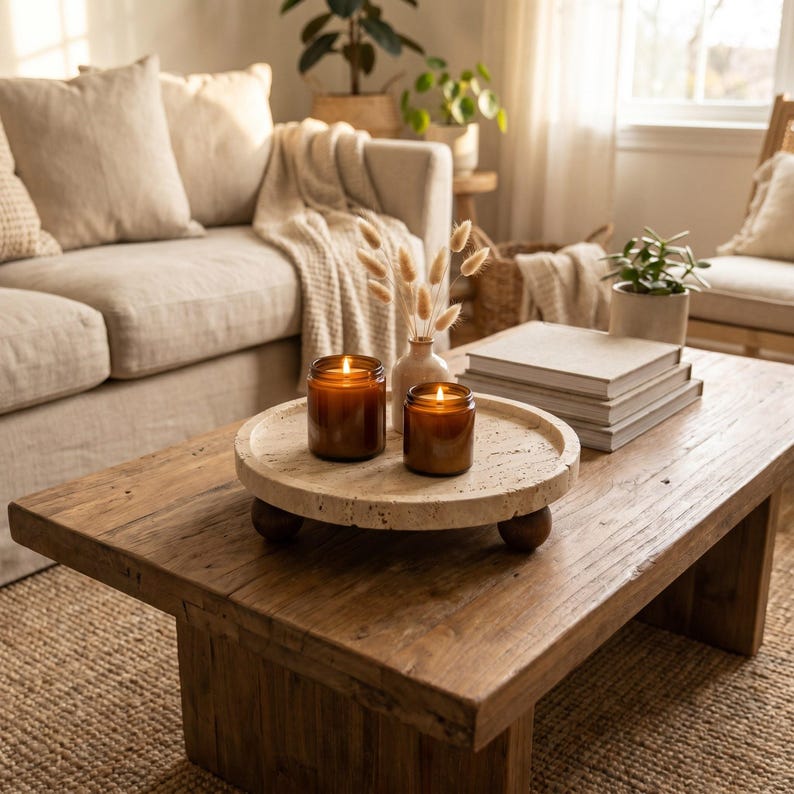 May include: A round, beige, porous stone tray with three small dark wooden ball feet sits on a wooden coffee table. Two amber glass candles with lit wicks are placed on the tray, accompanied by a small ceramic vase holding dried grass stems.