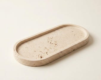 Oval Travertine Tray, Handmade Natural Stone Catchall, Organic Modern Wabi Sabi Decor
