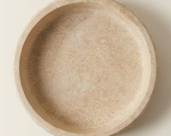 Handmade Turkish Travertine Shallow Bowl, Wide Rim Serving Platter, Wabi Sabi Decor