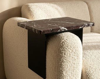 Elazig Cherry Marble Sofa Arm Table, Adjustable Couch Armrest Tray, Handmade Burgundy Natural Stone Side Table