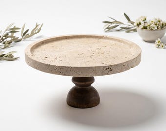 Travertine Stone Cake Stand, Turned Wood Pedestal Dessert Serving Riser