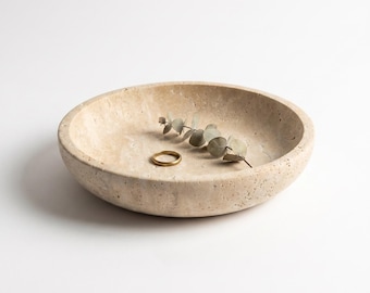 Hand-Carved Travertine Catchall Dish, Organic Modern Stone Decor Tray