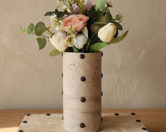 Travertine Vase and Tray Set, Handmade Natural Stone Duo with Olive Wood Ball Feet, Organic Modern Console Decor