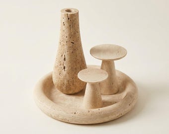 Handmade Travertine Decor Set, Organic Modern Console Tray, Vase, Risers (Turkish Stone)