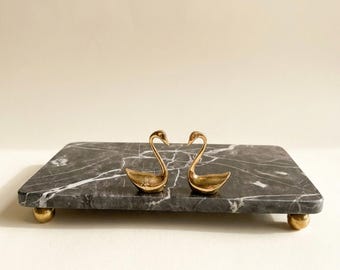 Handmade Anthracite Marble Tray with Brass Swans, Modern Vanity Organizer