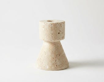 Travertine Hourglass Candlestick, Natural Stone Taper Holder, Organic Modern Decor