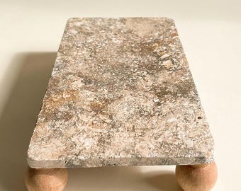 Handmade Travertine Vanity Tray, Natural Stone Perfume Organizer, Wabi Sabi Decor (Wooden Feet)