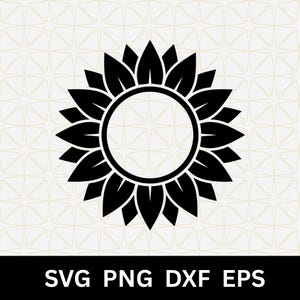 May include: A black graphic illustration of a sunflower with a circular center and pointed petals arranged in a radial pattern. The text SVG PNG DXF EPS is displayed in white at the bottom against a black rectangular background.