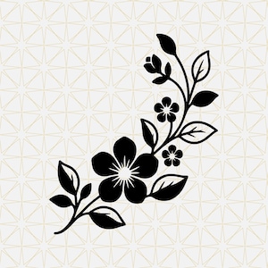 May include: A black silhouette graphic of a floral branch featuring one large five-petaled flower, two smaller five-petaled flowers, and several pointed leaves arranged along a curved stem, set against a light background with a geometric star pattern.