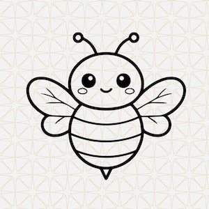 May include: A black and white line art illustration of a bee with large circular eyes, a small smiling mouth, two antennae with circular tips, and striped body segments. The bee has two wings on each side with visible vein details.
