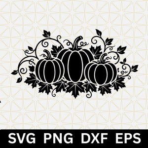 Può includere: Un'illustrazione grafica nera che presenta tre zucche disposte a grappolo, circondate da viticci vorticosi e foglie d'acero. Il design è presentato su uno sfondo chiaro con il testo SVG PNG DXF EPS visualizzato nella parte inferiore.