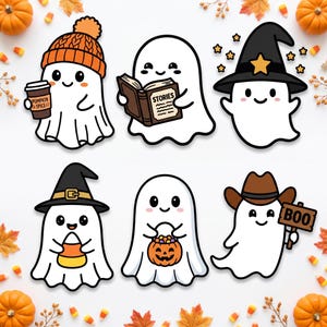 Könnte beinhalten: Sechs Cartoon-Geister-Aufkleber mit verschiedenen Accessoires: einer mit orangefarbener Mütze und Pumpkin-Spice-Becher, einer liest ein Buch mit der Aufschrift Stories, einer mit Hexenhut, einer mit Hexenhut und Zuckermais, einer mit Kürbislaterne und einer mit Cowboyhut und einem Schild mit der Aufschrift BOO.