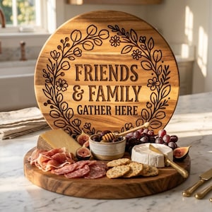 以下が含まれることがあります： 「FRIENDS & FAMILY GATHER HERE」という文字と花のリースが刻印された、直立したバックパネル付きの丸い木製サービングボード。ボードの上には、チーズ、生ハム、イチジク、ブドウ、ハニーディッパーが盛り付けられています。