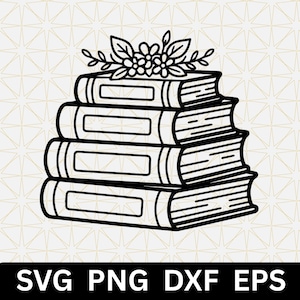 Può includere: Un'illustrazione in bianco e nero a tratto di una pila di quattro libri sormontata da una composizione floreale. I libri sono disposti a piramide con etichette rettangolari sui dorsi. Il testo SVG PNG DXF EPS appare nella parte inferiore.