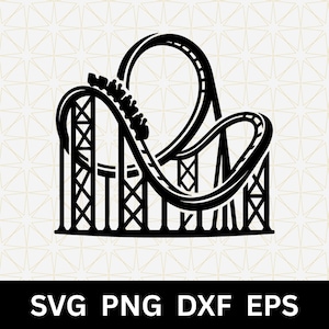 Puede incluir: Una ilustración gráfica negra de una montaña rusa con un tren sobre una vía que presenta un gran bucle y estructuras de soporte. El texto SVG PNG DXF EPS se muestra en la parte inferior de la imagen en una fuente blanca, negrita y sin remates.