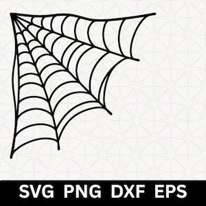 Op de afbeelding: Een zwarte lijntekening van een spinnenweb hoekontwerp. De afbeelding toont een reeks uitstralende lijnen verbonden door gebogen horizontale segmenten, die een driehoekig webpatroon vormen. De tekst SVG PNG DXF EPS staat onderaan.