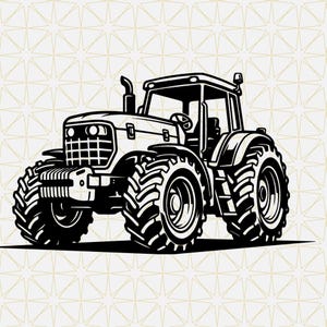 May include: A black and white graphic illustration of a heavy-duty farm tractor. The vehicle features a prominent front grille, a vertical exhaust pipe, a cabin with a steering wheel, and large, thick-treaded tires designed for agricultural work.