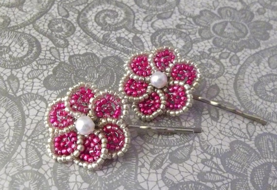 Items similar to Metallic Berry French Beaded Flower Bobby Pins on Etsy