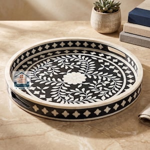 Black Bone Inlay Round Serving Tray | Handmade Floral Decorative Tray | Coffee Table Tray | Ottoman Tray | Vanity Organizer | Luxury Home
