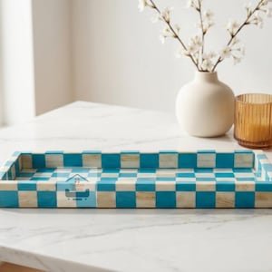 Turquoise Checkerboard Bone Inlay Tray, Handmade Decorative Serving Tray, Rectangular Coffee Table Tray, Luxury Vanity Organizer,