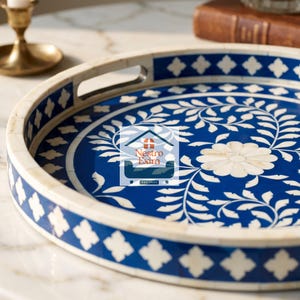 Blue Bone Inlay Round Serving Tray | Handmade Floral Serving Tray | Decorative Coffee Table Tray | Ottoman Tray | Luxury Home Decor