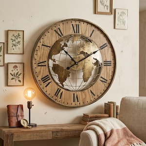 Large Rustic World Map Clock – Vintage Globe Wood Metal Farmhouse Decor