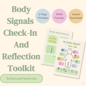 Op de afbeelding: Een tweepaginas tellende printbare Body Signals Check-In and Reflection Toolkit met een centrale menselijke omtrek omringd door diverse iconen voor fysieke sensaties, inclusief de tekst My Body Signals en My Body Signals Reflection.