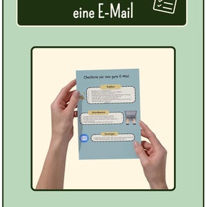 May include: A light blue rectangular checklist titled Checkliste für eine gute E-Mail, organized into three sections labeled Aufbau, Schreibweise, and Sonstiges, featuring bulleted lists, a laptop icon, and an envelope icon on a light background.