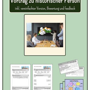 May include: A digital educational resource titled Vortrag zu historischer Person, featuring a central image of a group in a meeting room viewing a presentation about a historical figure, alongside printable worksheets, evaluation forms, and feedback sheets.