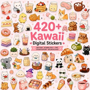 May include: A collection of 420+ Kawaii digital stickers featuring various cute animals, food items, drinks, and objects with smiling faces, all arranged on a light pink background with the text 420+ Kawaii Digital Stickers.