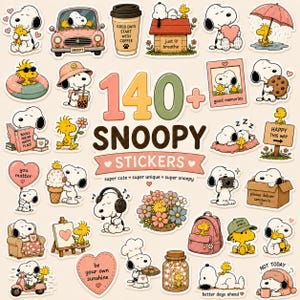 Könnte beinhalten: Eine Sammlung von über 140 Snoopy-Aufklebern, die Snoopy und Woodstock bei verschiedenen Aktivitäten zeigen, darunter Autofahren, Kaffeetrinken, Herzen halten, Kekse essen und Kopfhörer tragen, mit Texten wie good days start with coffee.