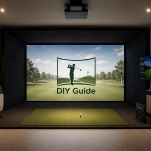 Puede incluir: Un simulador de golf interior con una gran pantalla de proyección que muestra un paisaje de campo de golf, la silueta de un golfista y el texto DIY Guide. Una alfombra de golpeo verde con una pelota de golf sobre un tee está en el centro.