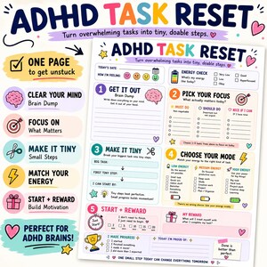 Ripristino delle attività per ADHD stampabile, Foglio di lavoro per la pianificazione dell'ADHD, Strumento per le funzioni esecutive, Scomposizione delle attività, PDF su concentrazione e motivazione, Svuotamento mentale