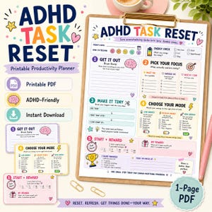 Plantilla imprimible para reiniciar tareas de TDAH, hoja de trabajo para planificar el TDAH, herramienta para la función ejecutiva, desglose de tareas, PDF sobre enfoque y motivación, descarga de ideas