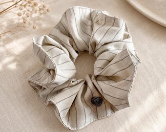Linen Stripe Hair Scrunchie, Oversized Bow Scrunchie, Heart Charm Ponytail Holder, Neutral Hair Tie, Cute Fabric Hair Accessory for Women