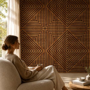 Panneau Mural Bois 3D, Décoration Murale Blanche et Chêne, Panneau Géométrique Moderne, Revêtement Mural Design, 50 x 50 cm