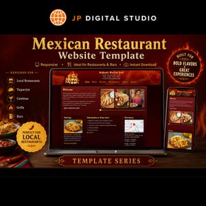 Puede incluir: Un gráfico de marketing digital para una plantilla de sitio web de restaurante mexicano de JP Digital Studio. El diseño muestra una computadora portátil y un teléfono inteligente con un diseño web rojo oscuro con temática de fuego.
