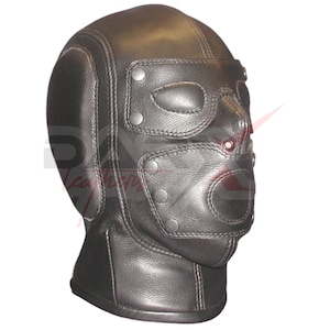 May include: A black leather hood featuring prominent white contrast stitching, a full-face design with reinforced eye and mouth panels, and multiple silver-toned metal rivets securing the facial sections to the main structure of the headgear.