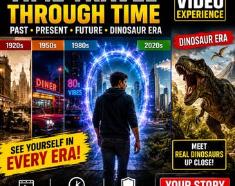 Vídeo personalizado de viajes en el tiempo con IA, transformación del yo futuro, pasado y presente de la era de los dinosaurios.